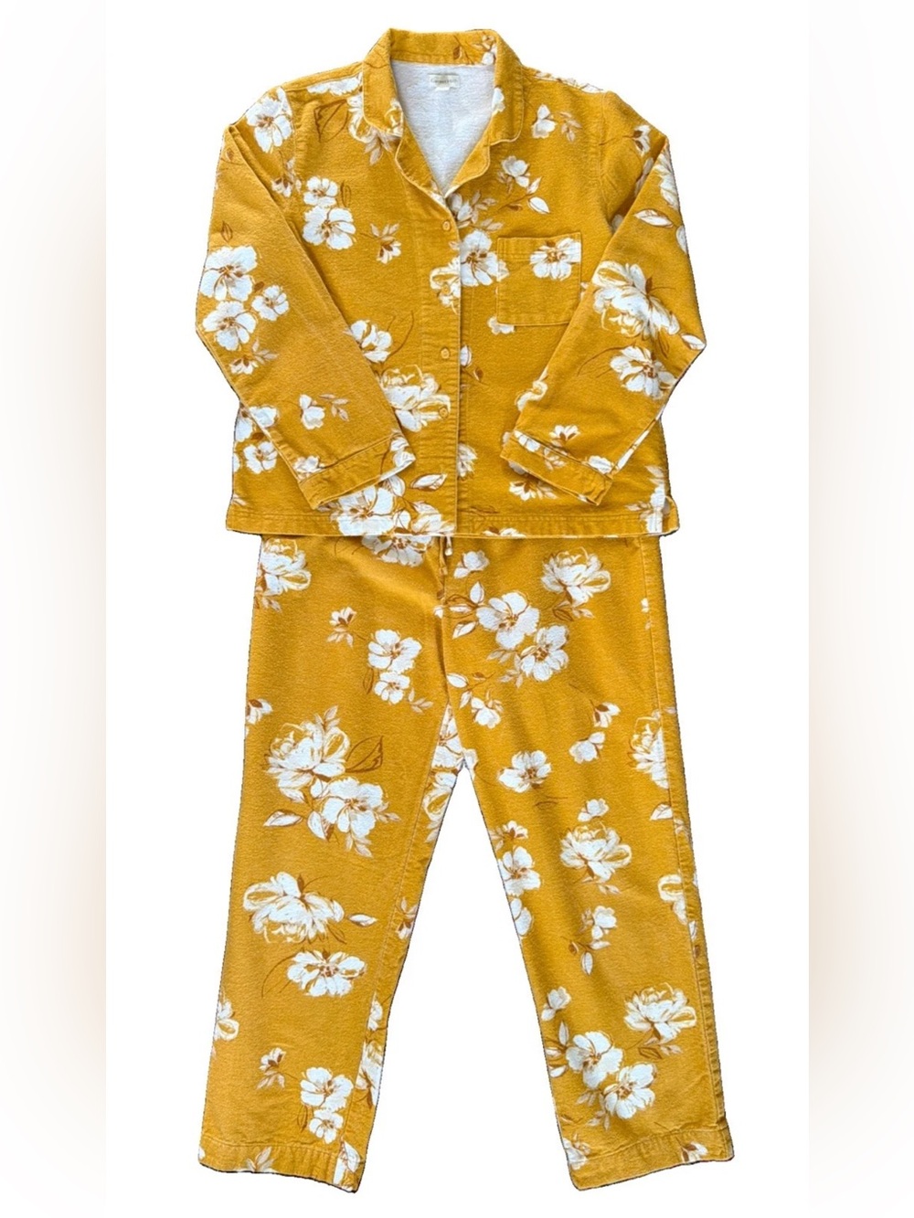 Garnet Hill Organic Cotton Heritage Flannel Pajamas Gold White Floral Sz Medium - Picture 15 of 15